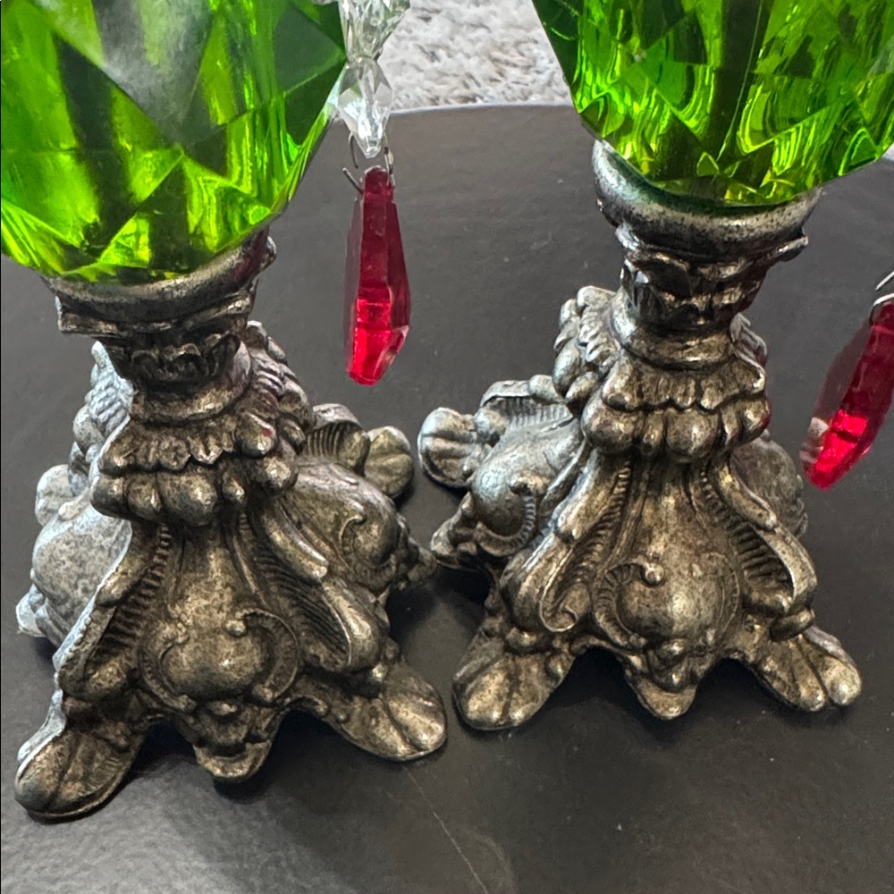Hollywood‎ Regency Green Lucite 8" Candlestick Holders Candles Mid Century Pair - Picture 12 of 15